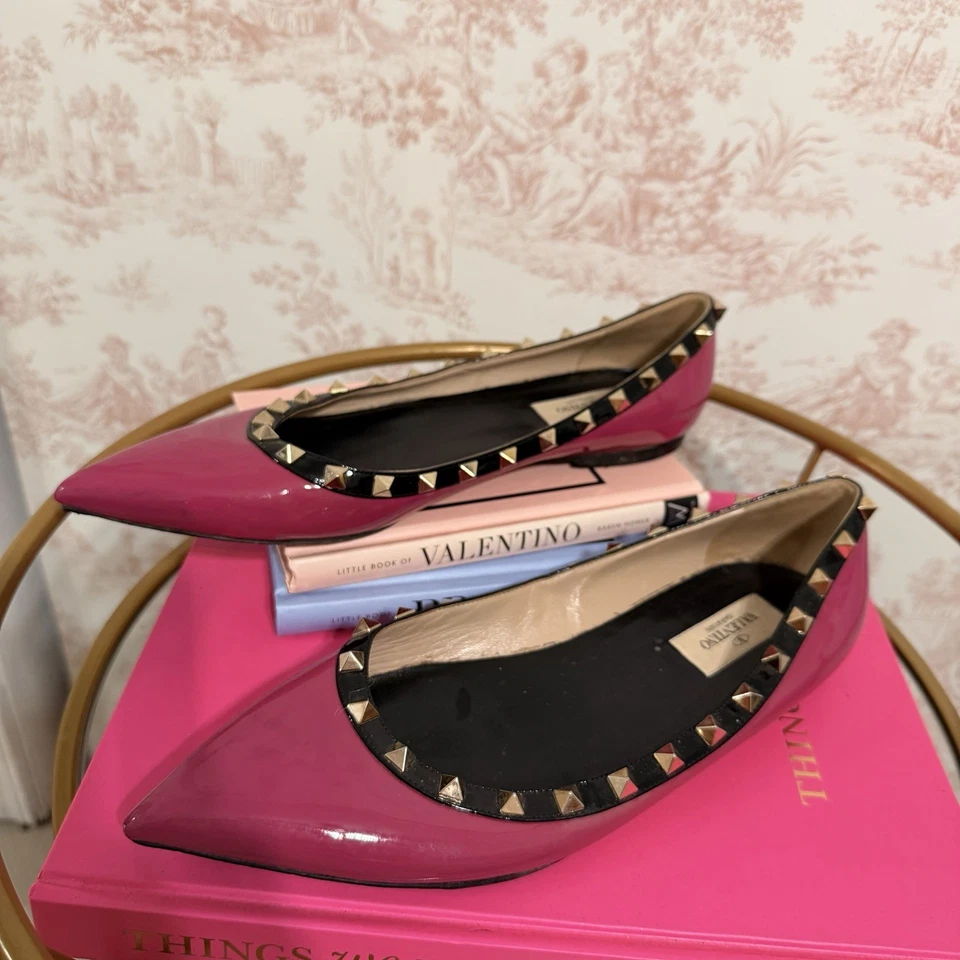 Valentino Garavani Hot Pink Patent Leather Rock Stud Pointed Flat - Image 2 of 4