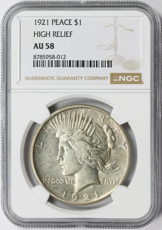 1921 $1 Peace Dollar High Relief NGC AU58 Key First Year Silver Dollar Coin