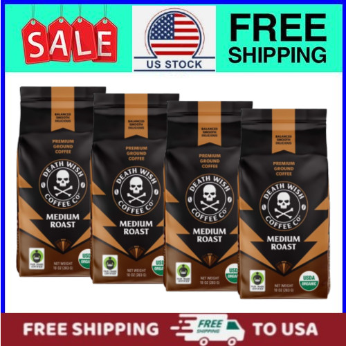 (4 pack) Death Wish Coffee, Medium Roast, Ground, Fair Trade, Organic, Bag, 10oz