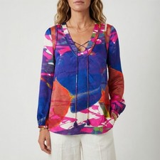 Tory Burch Hammered Silk Abstract Watercolor Lace-Up Tassel Tunic Blouse 4