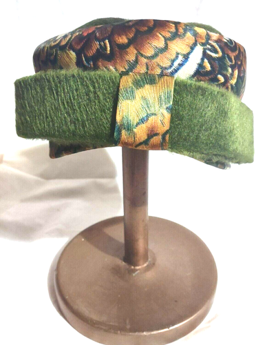 Green & Gold 1960s Pill Box VTG Wool Top & Bow Raymond Hudd Hat Studios Chicago