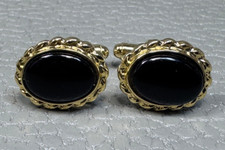 Vintage Onyx Scroll Border Yellow Gold Plated Cuff Links