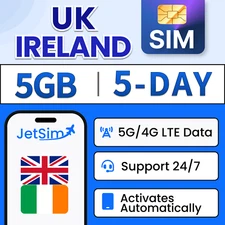 JetSIM UK SIM Card / Ireland SIM Card for Travel 5GB High-Speed Data (5 Days)