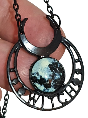 Collana catena ciondolo luna strega nera brillante scura wiccan dea pagana gi Collana catena ciondolo luna strega nera brillante scura wiccan dea pagana gi