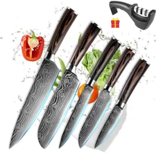 6Pcs Kitchen Knives Set Japanese Damascus Stainless Steel Chef Knife + Sharpener
