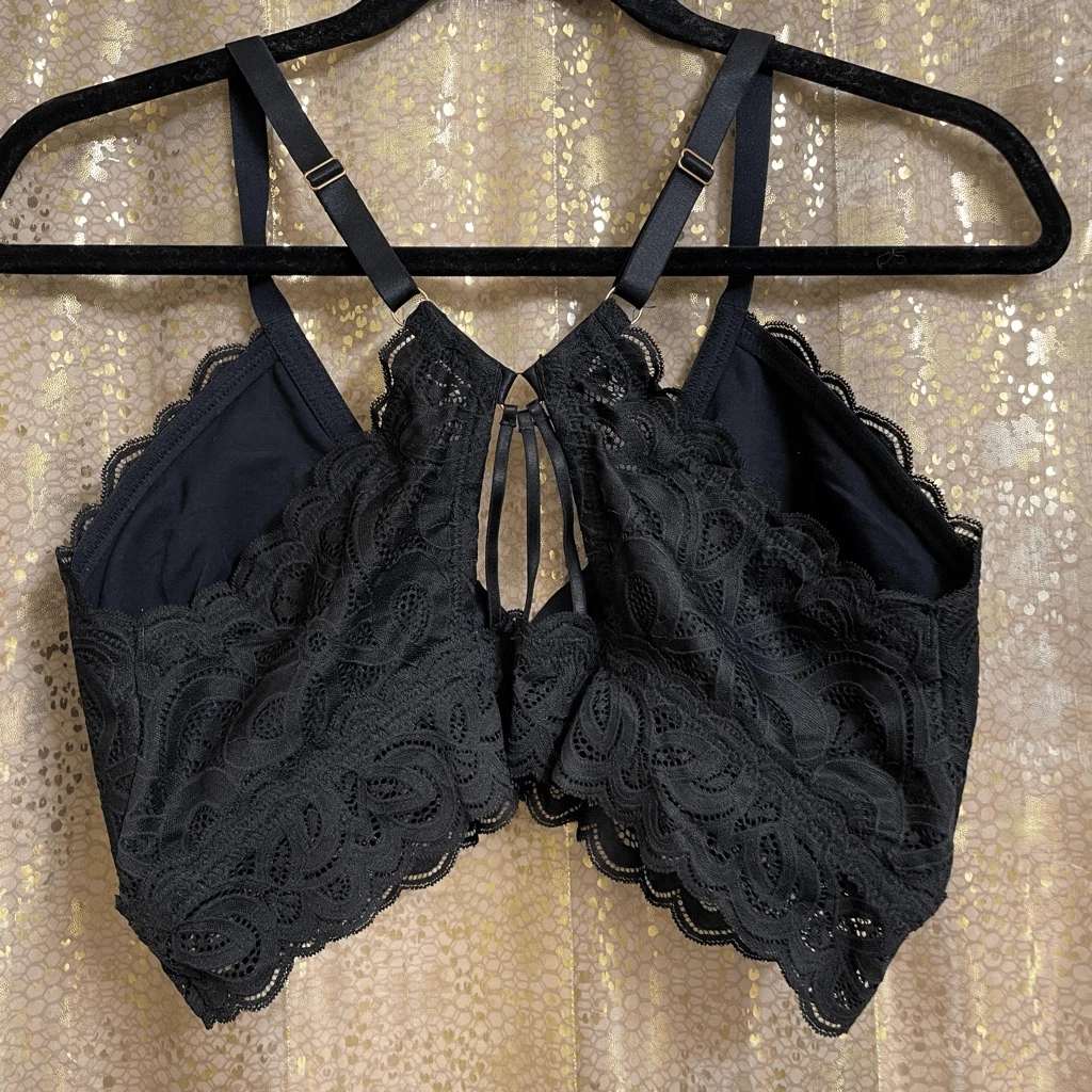 Aerie Black Show Off Rooftop Garden Lace Padded Plunge Bralette, XL NWT