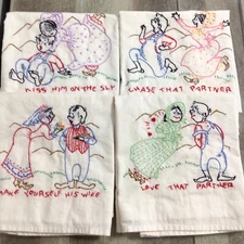Set of 4 Vintage Hand Embroidered Flour Sack Towels Hillbilly Love Themed 34x21