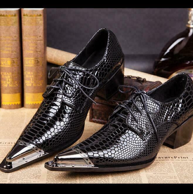 Men's Leather Crocodile Business Formal Shoes Metal Pointy Toe