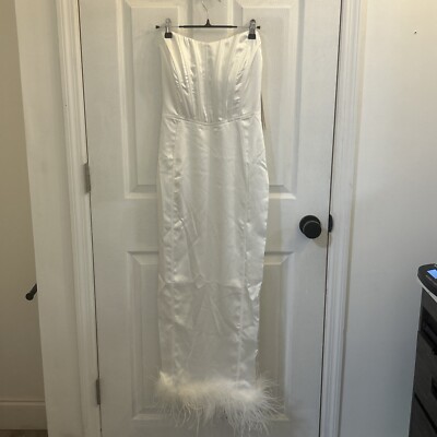Aqua Faux Feather Trim Hem Midi Cocktail/Party Dress Women's XS White Zip NWT