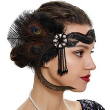 Great Gatsby 1920's Flapper Feather Headdress Fancy Dress - Black Peacock St...