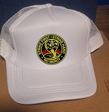 a White Adjustable Trucker Baseball Hat Cap Cobra Kai Strike First Hard Fast