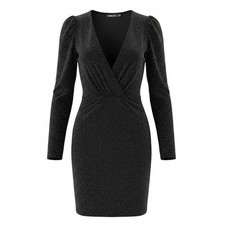 Boohoo Knee Length Black Sparkly Bodycon Midi Dress Size 8 V Neck Party Cocktail