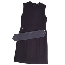 CELINE Phoebe Philo Sleeveless Dress Wool with Leather Belt Black Size 36 Mint