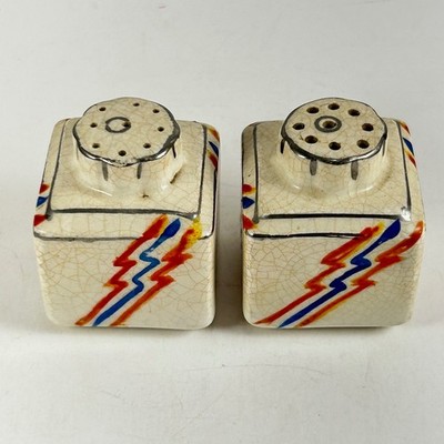 Vintage Japan Lightning Bolt Cube Ceramic Salt & Pepper Shakers - Art Deco MCM