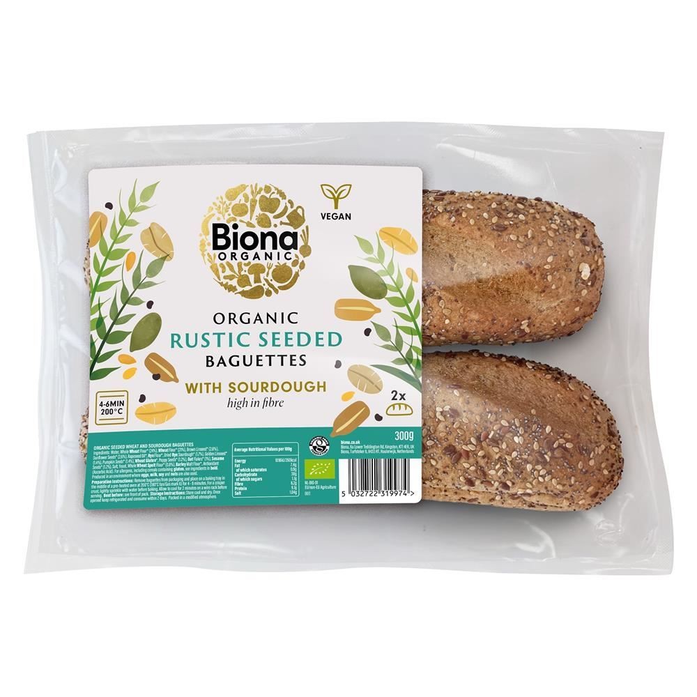 Biona Organic Rustic Seeded Baguette (made with sourdough) 300g - 2 Pack