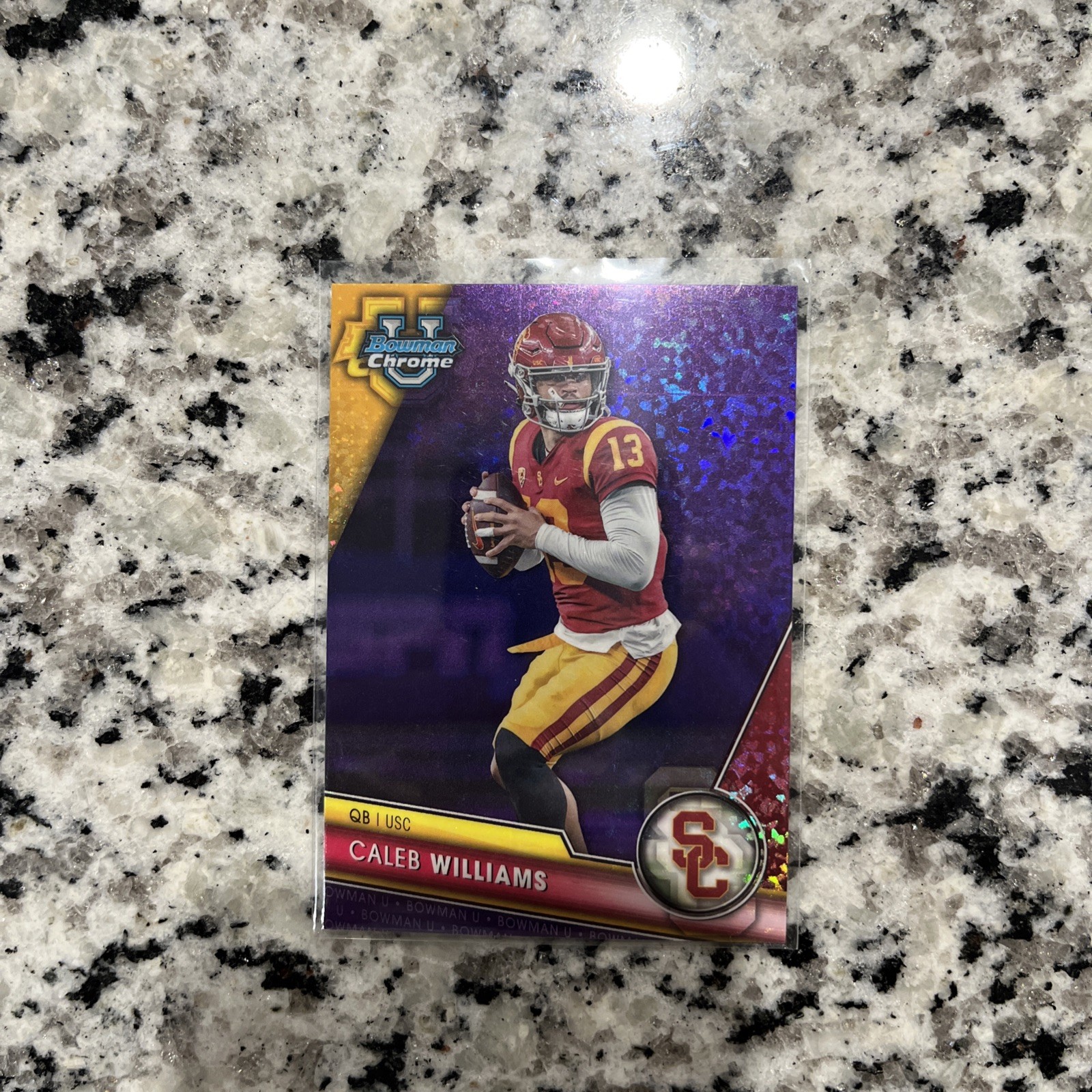 2023 Bowman University Chrome Caleb Williams Purple 13/399 1/1 Jersey # Bears