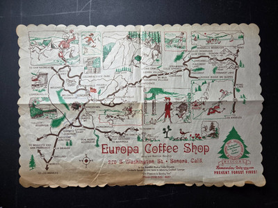 Vintage Europa Coffee Shop Paper Place Mat Sonora California Restaurant Map