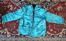 RARE turquoise floral-embroidered silk Chinese frog-button jacket vibrant satin