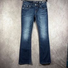 Miss Me Jeans Womens 27 Blue Signature Rise Bootcut Flare Embellished Distressed