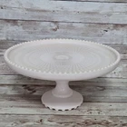 Vintage Jeanette Shell Pink Milk Glass Cake Stand Pedestal Plate Beaded Wdge 10"
