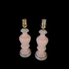 MCM Pale Pink Swirl Glass Brass Boudoir Table Lamp Pair Works! Underwriters Lab.