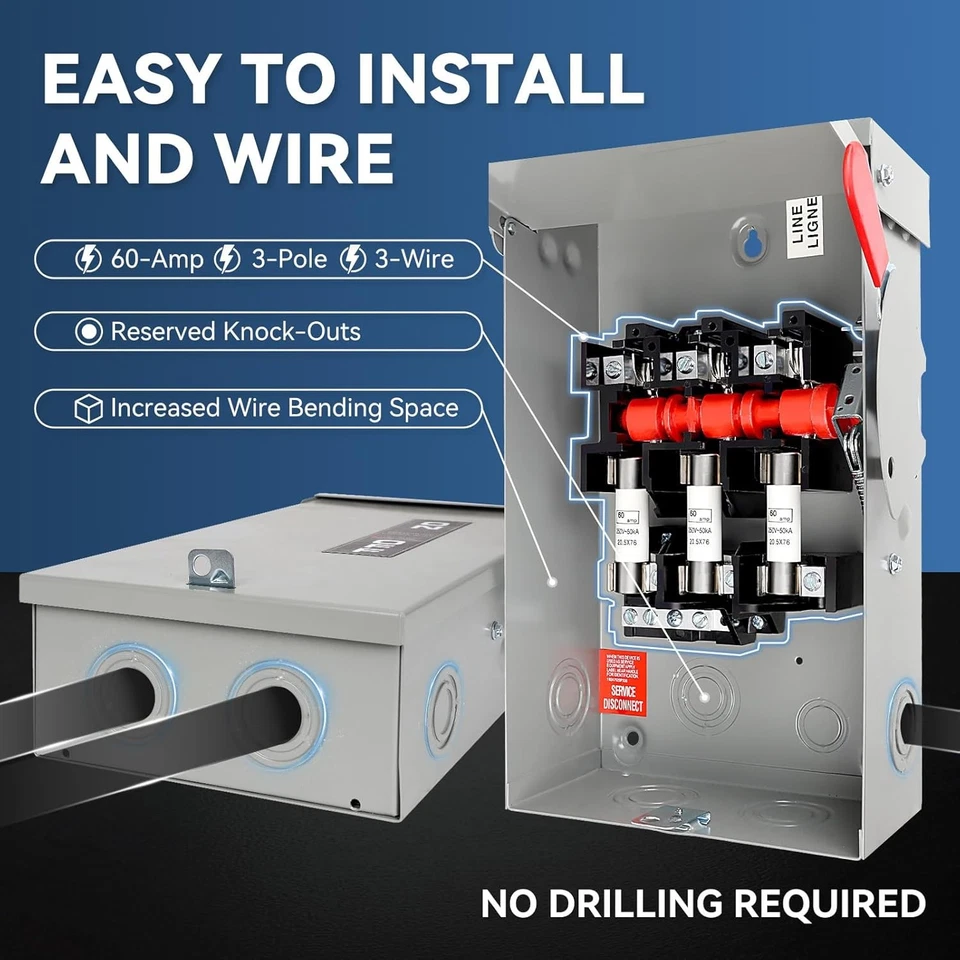 Caixa de desconexão de 60 ampères, interruptor de segurança fusível de 3 pólos, 110/240V, metal resistente - Imagem 4 de 4