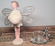 Ceramic Enchanted Wings Tealight & Pewter Kneeling Fairy Votive Candle Holders
