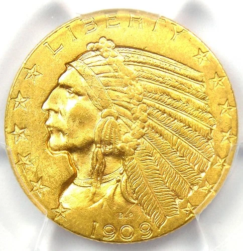 1909 Indian Gold Half Eagle $5 1909-P Coin. PCGS MS63+ Plus Grade - $3,000 Value