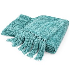 60"x80" Teal Green Chenille Throw Blanket with Tassels for Twin Bed Couch