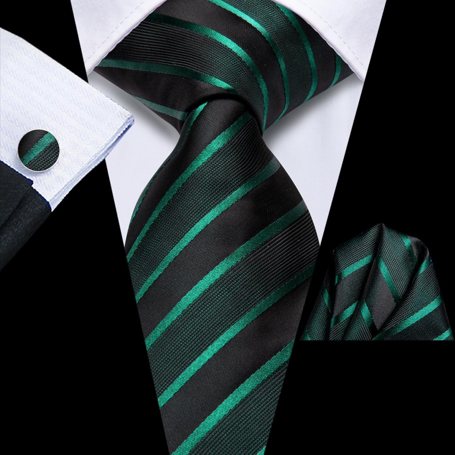 Black and Green Ties for Men 70'' Extra Long Silk Striped Men's Ties and Pock...