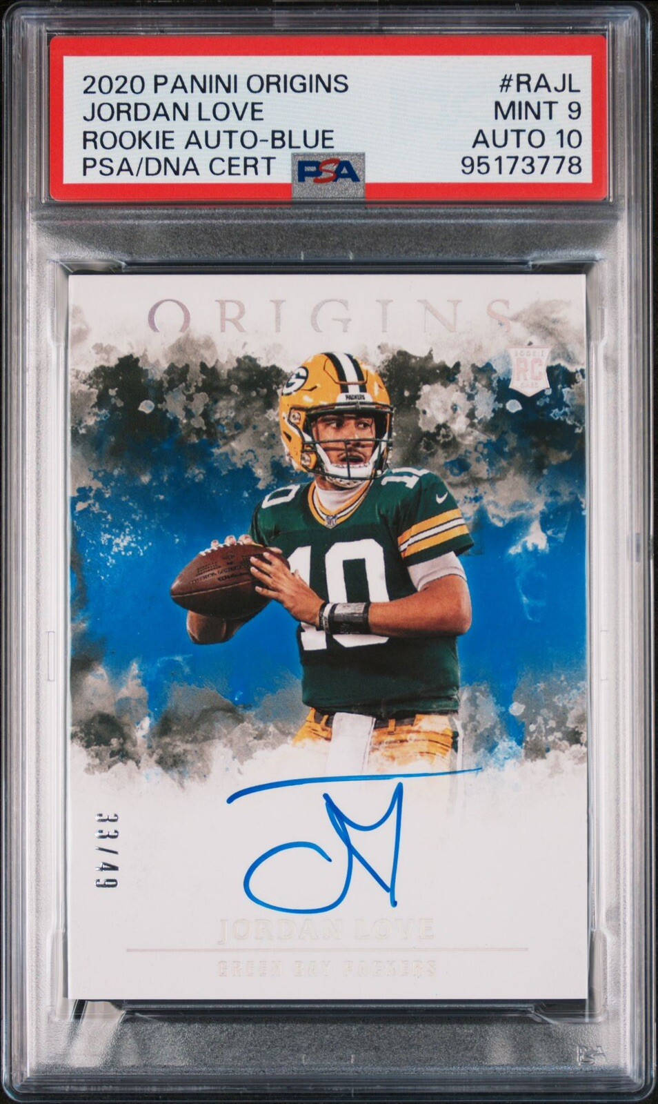 2020 Jordan Love Panini Origins Rookie Auto Blue /49 PSA 9 AUTO 10