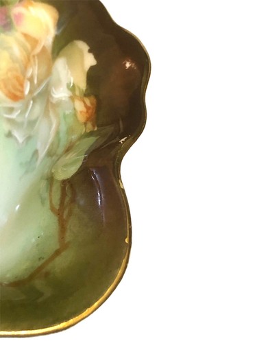 Austrian Basket China Candy Dish Tripod Handle Hand painted Cabbage Rose Green - Picture 7 of 7