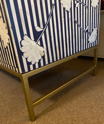 Chest of Drawers - Inlaid Bovine Cow Bone - Blue & White Striped & Flowers - Picture 8 of 11