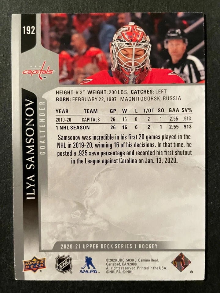 Ilya SAMSONOV 2020-21 Upper Deck Series 1 Hockey #192 Washington Capitals - Image 2 of 2
