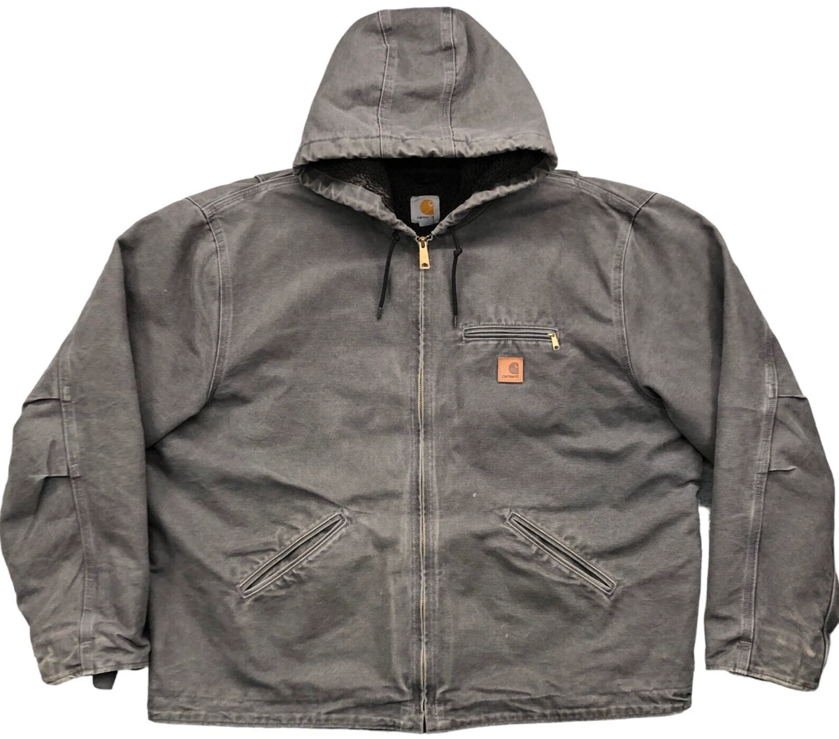 Carhartt Jacket Mens 2XL Gray Sherpa Lined Hooded Canvas XXL Grey Zip J141 GVL