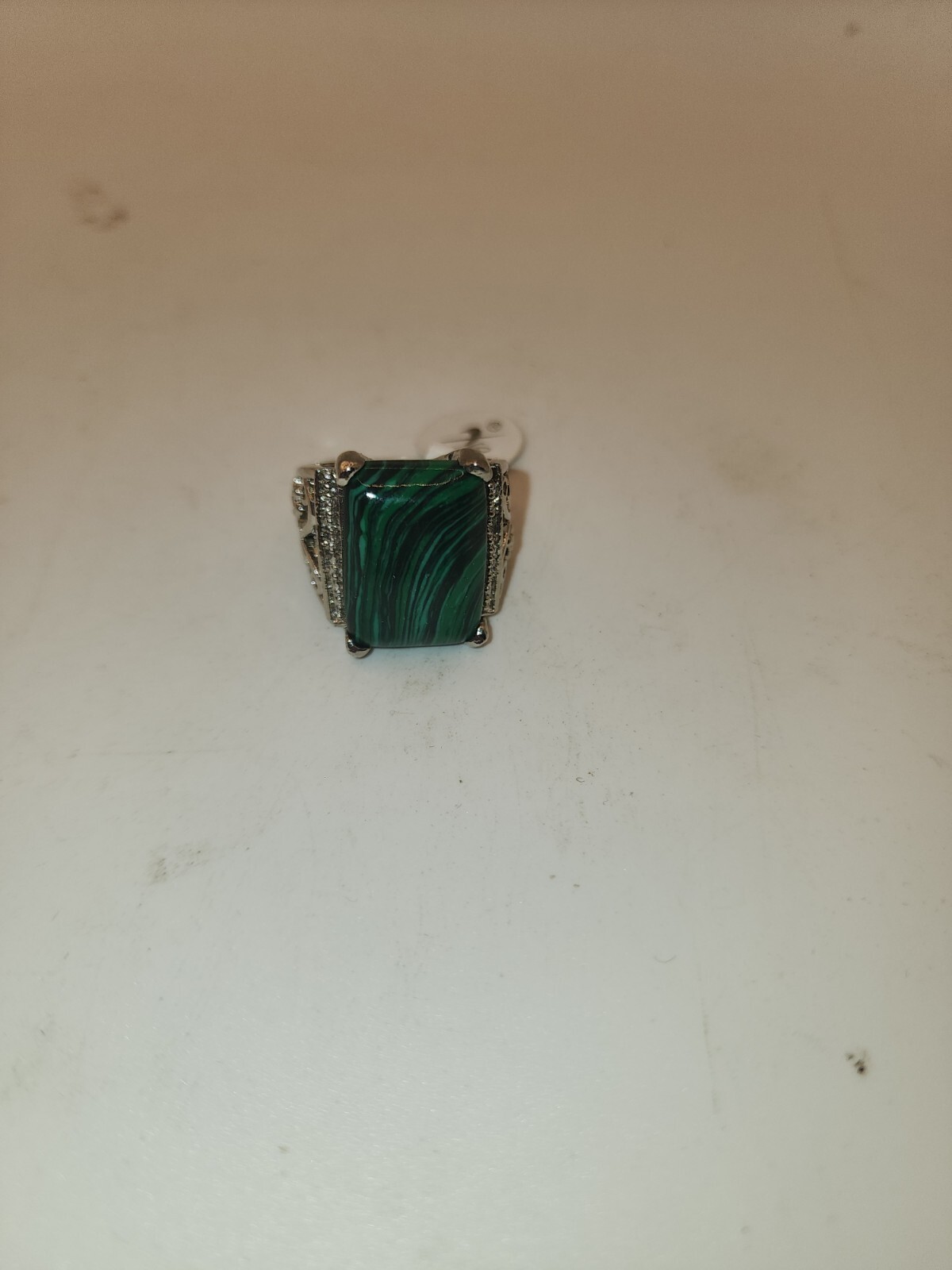 Faux Rectangle Malachite Silver Electroplated Rin… - image 5