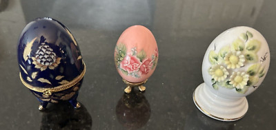3 Vntg Porcelain Easter Egg Figurines Diamantine China Japan Floral Gilded Decor