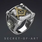 Mens Masonic Ring Mason G Pillars 925 Silver jewelry Freemason 18K Gold-Plated
