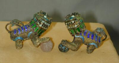 Chinese Export Gilt Silver Enamel Foo Dog Figurines Moving Heads