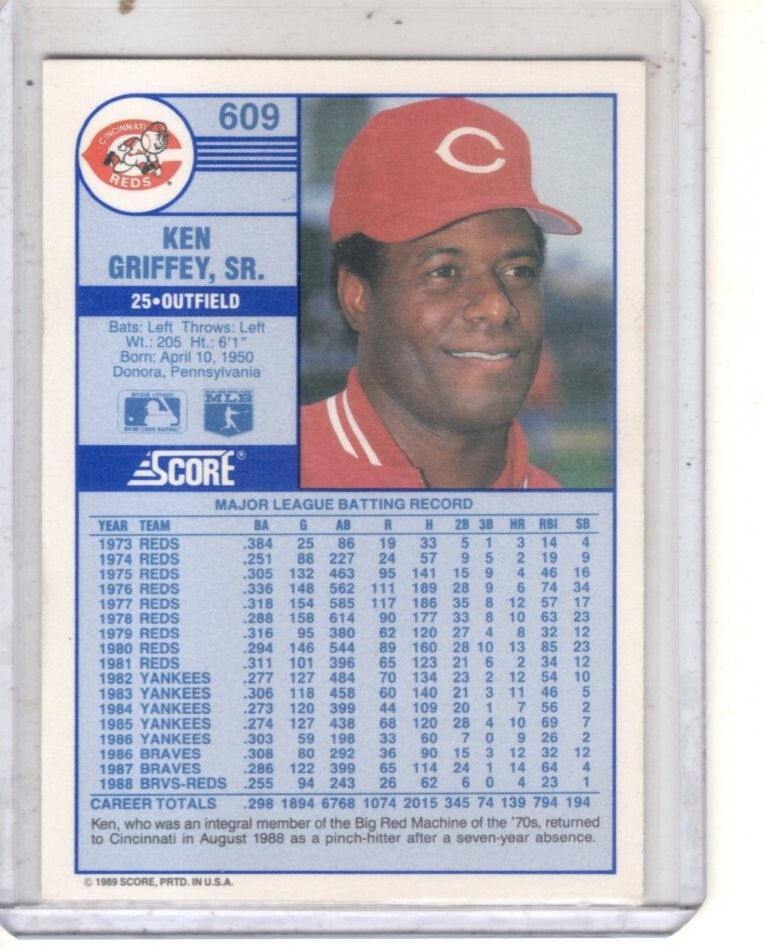 1989 Score - #609 Ken Griffey Cincinnati Reds baseball card | eBay