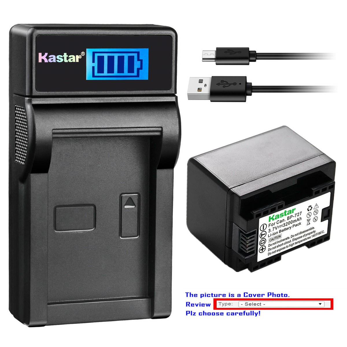 Kastar Battery LCD USB Charger for BP-727 Canon VIXIA HF R800 HFR800  Camera
