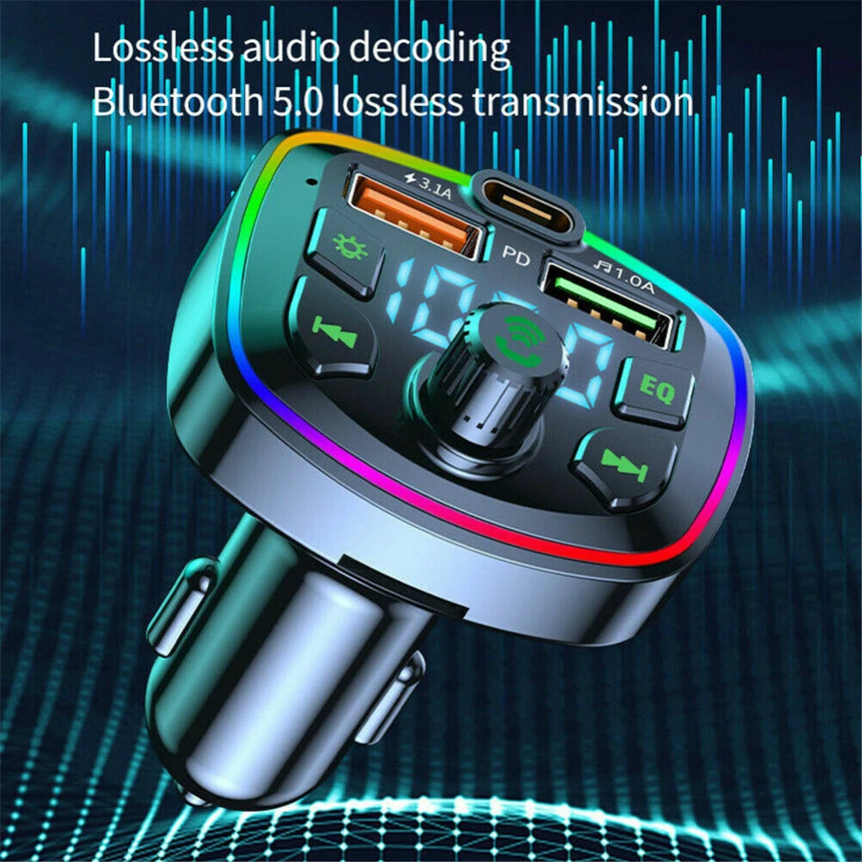 Car Bluetooth 5.0 FM Transmitter Dual USB TypeC Charger Mp3 Player LED Backlight - Image 3 of 4