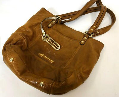 B Makowsky 13'' Brown Shiny Leather Boho Hobo Bucket Satchel Shoulder Bag Purse