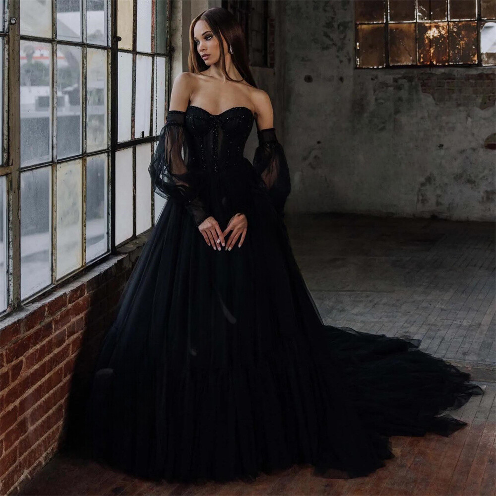 Black A Line Wedding Dresses Princess Off Shoulder Tulle Backless Bridal  Gowns | eBay