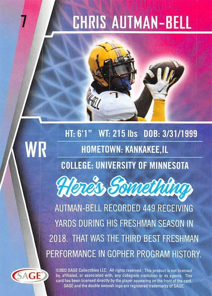 CHRIS AUTMAN-BELL RC 2022 Sage Low Series #7 ROOKIE/Pre-ROOKIE NFL  ID:32647 - Image 2 of 2