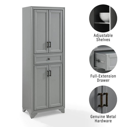 CROSLEY FURNITURE Pantry Cabinet Tara Distressed Gray Adjustable Shelve + Drawer - Picture 3 of 8