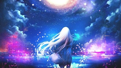 Anime girls white hair long sky stars Custom Gaming Mat Desk