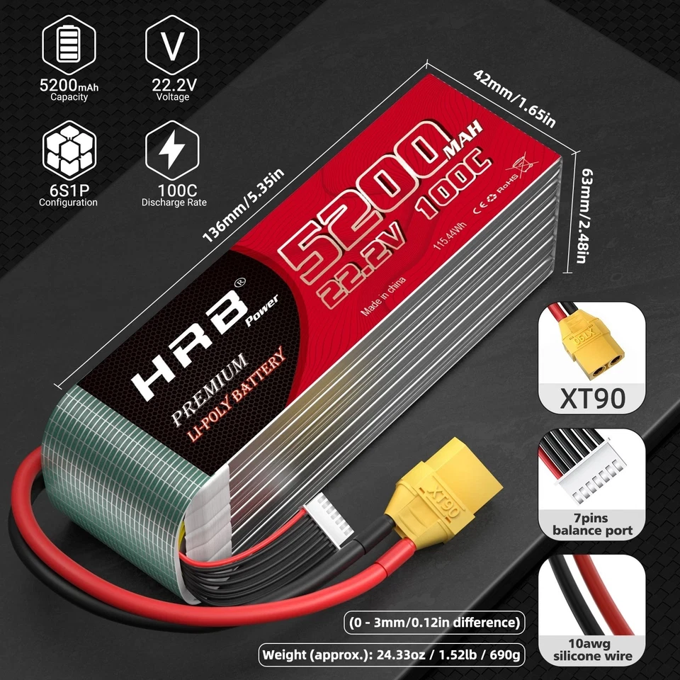 2 Stück 6S 22,2V 5200mAh XT90 LiPo Akku für RC Auto Flugzeug Hubschrauber Drohne - Bild 2 von 4