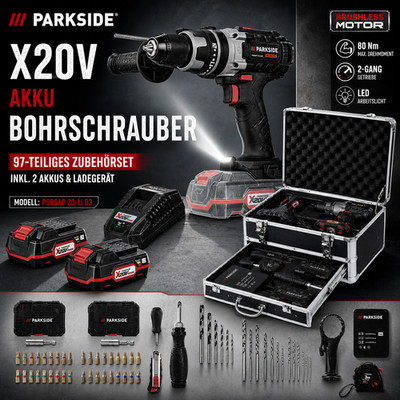 PARKSIDE PERFORMANCE 20 V Akku Schlagbohrschrauber Set 97-teilig PSBSAP 20-Li B3