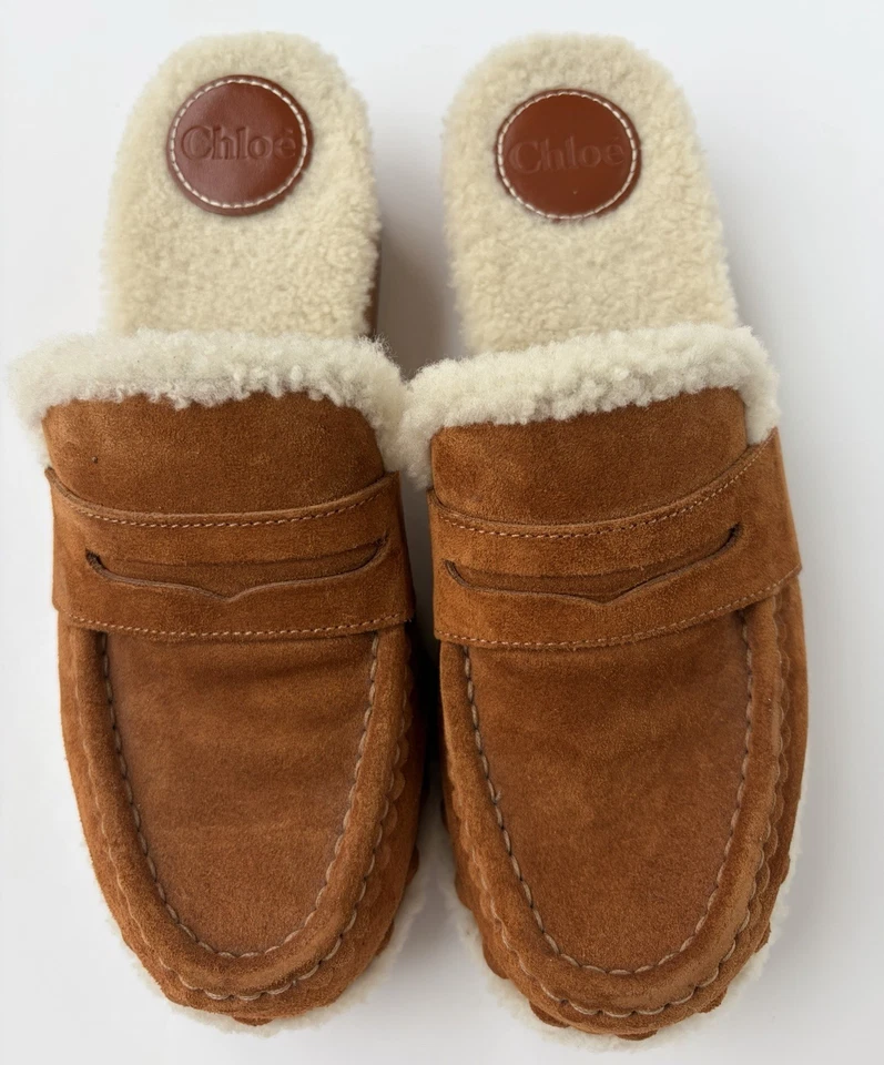 Chloe 女式 Joy Shearling 内衬栗色棕色麂皮绒穆勒鞋 7 码 US 37 EU — 第 4/4 张图片